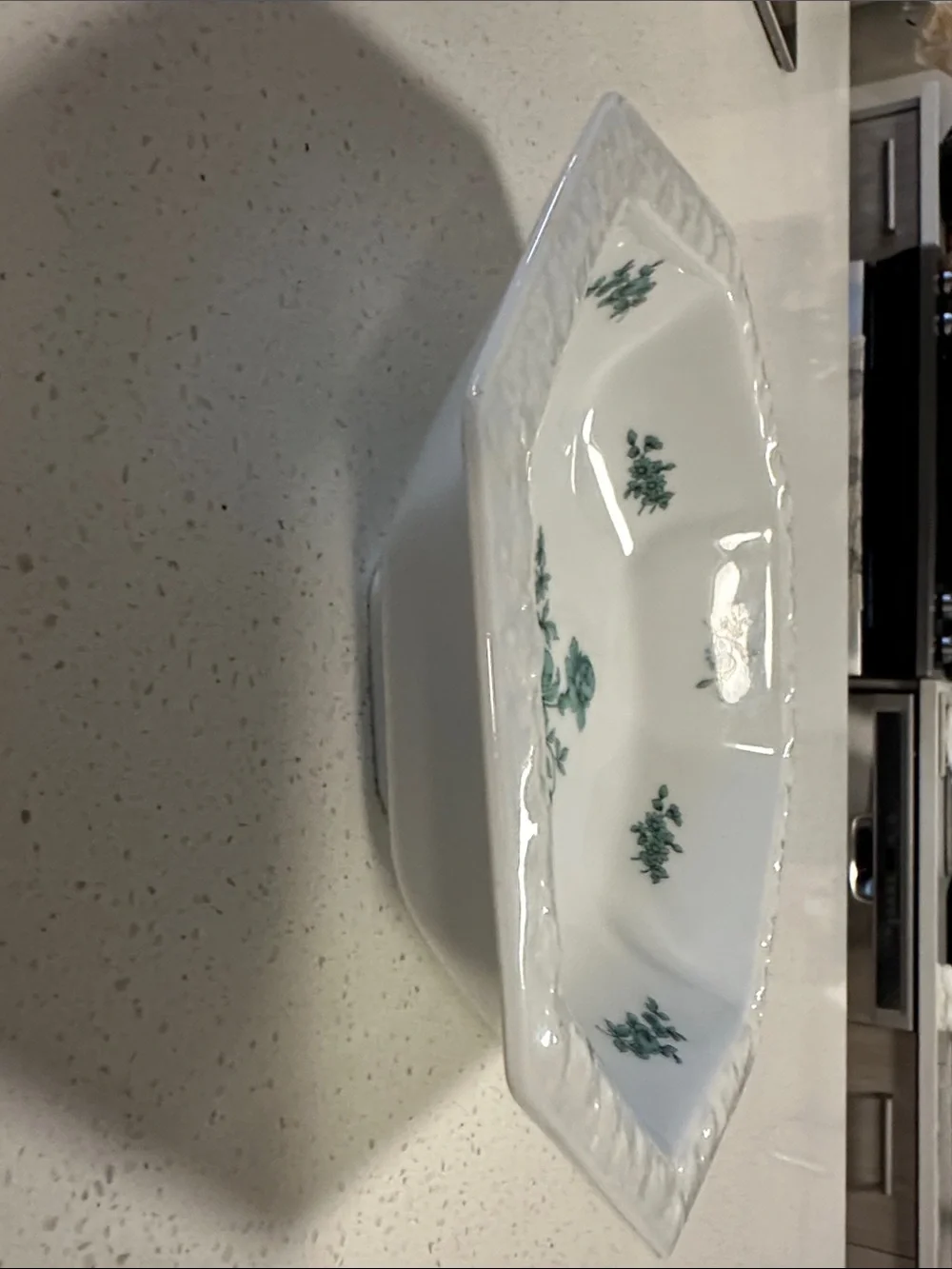 Rosenthal White Octagonal Porcelain Bowl with Green Floral Motif